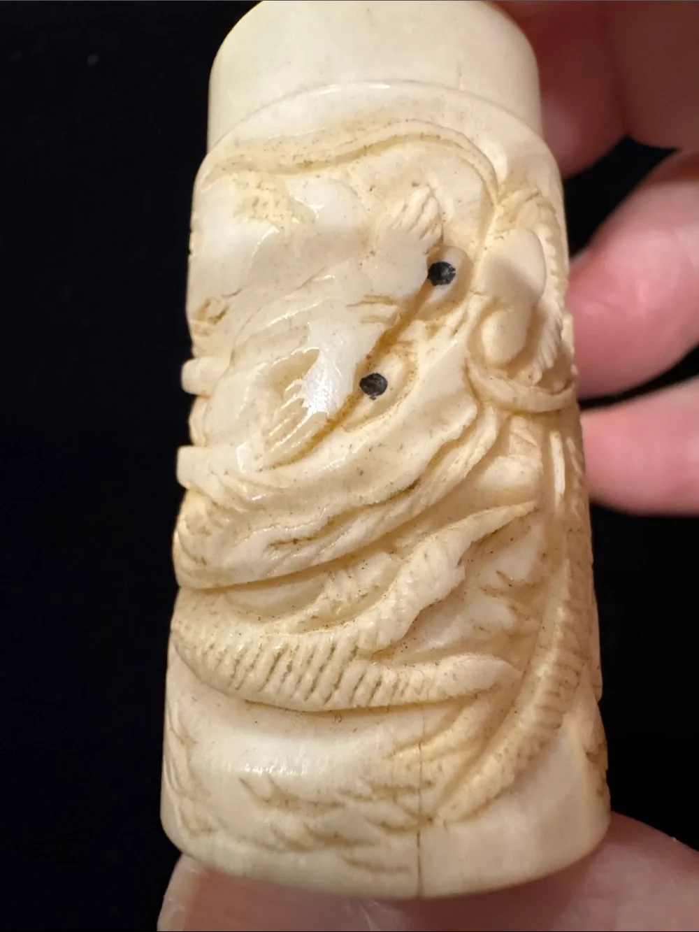 Vintage Set of Carved Faux Ivory (Bone?) Dragon Salt and Pepper Shakers AS-IS